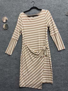 Ann Taylor Tan and White Striped Long Sleeve Side Tie Waist Knit Sheath Dress